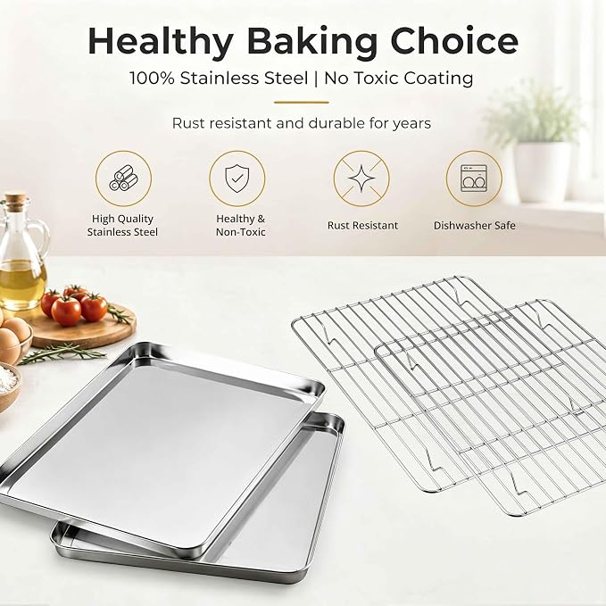Onader Baking Sheet with Cooling Rack Set of 2, 16x12 Inch Stainless Steel Cookie Sheets for Baking, Metal Jelly Roll Pan with Rack for Oven, 2 Pans + 2 Racks, Nonstick & Rust Resistant - Image 3