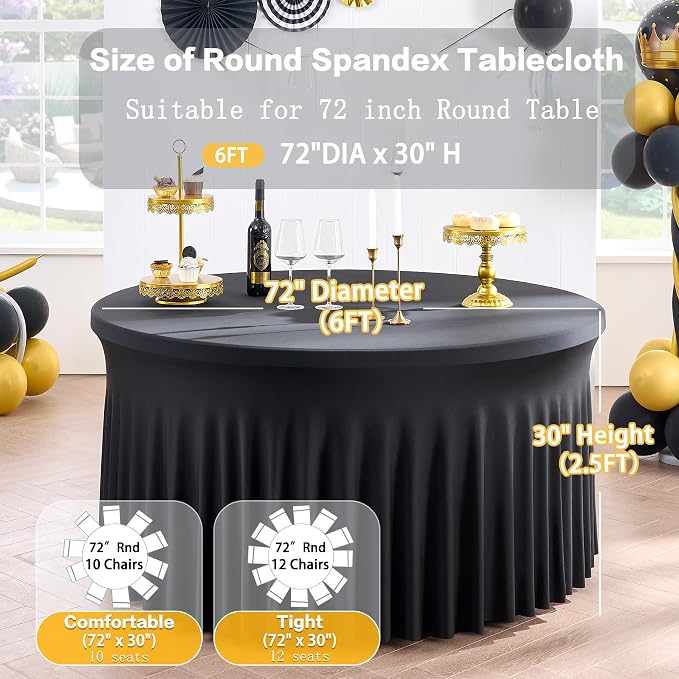 8 Pack Spandex Black Round Tablecloths for 72inch Table, Wrinkle Free 132inch Stretchy Fitted 6ft Round Table Cloth Covers with Skirt for Wedding Birthday Graduation Parties Banquet Events - Image 6