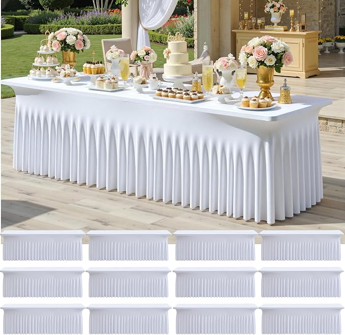 CO-AVE 12pack White Spandex Tablecloths 6ft for Rectangle Tables, Wrinkle Free Classy Table Skirt Stretchy 6 Foot Fitted Table Cloths Covers for Weddings Birthday Party Events Banquette Baby Shower by CO-AVE