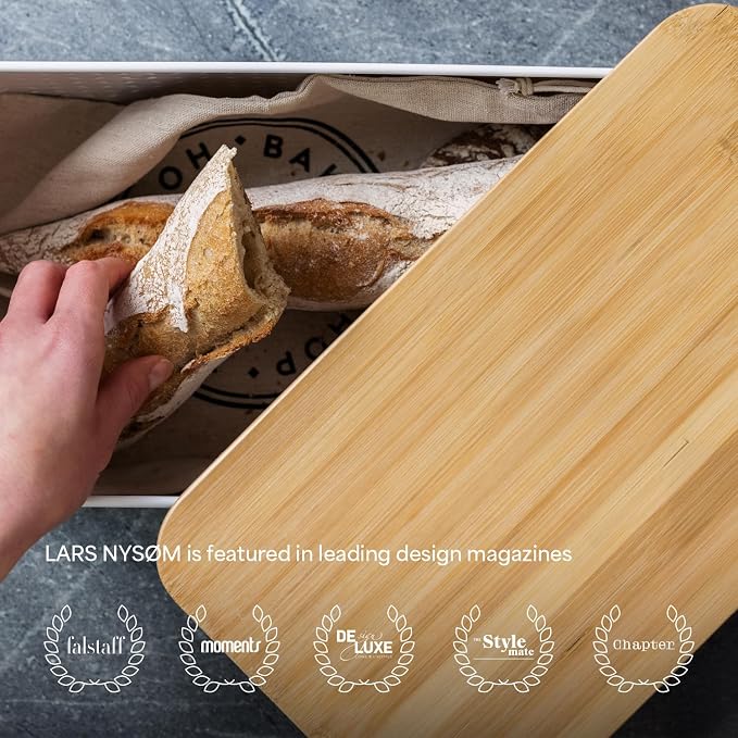 LARS NYSØM Bread Box I Metal bread box for long lasting freshness with non-slip pads I Baked goods Bin with bamboo lid usable as cutting board I 13.6x7.3x6.2in (Taupe Brown) - Image 5