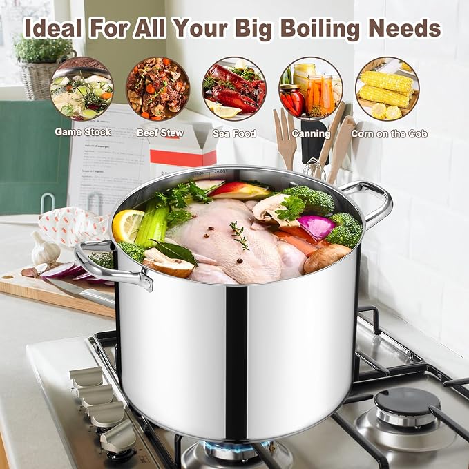 E-far 20 Qt Large Stock Canning Pot, Stainless Steel Stockpot with Lid for Boiling Cooking Soup Stew, Heavy Duty Tri-Ply Bottom Works w/Induction, Commercial Grade & Dishwasher Safe - Image 4