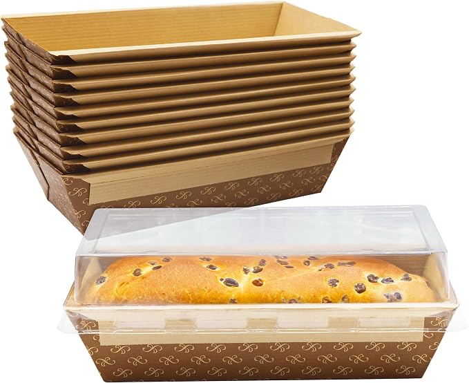 Avant Grub Baking Pan Chef Grade 1Lb Paper Loaf Pans 10 Pk. Elegant Disposable Bakeable Kraft Pan Supplies for Baking Bread, Small Meatloaf, Bundt Cake, Sweets, Kraft Paper - With Lids by FoodRestaurantSupplies