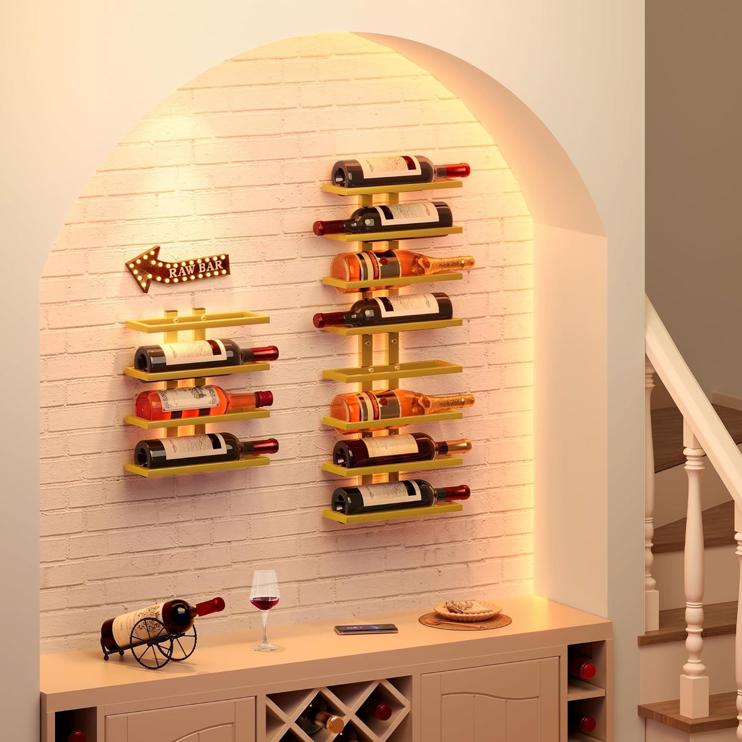 Hoctieon 2-Set 8 Tier Wall Mount Wine Rack (16 Tiers), Wall Racks for Wine Bottles Display and Storage, Hanging Bottle Organizer for Living Room, Dining Room, Wine Cellar, Bar, Gold