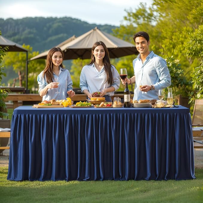 1 Pack Navy Blue Tablecloths for Rectangle Tables 4ft, Wrinkle Resistant Navy Blue Tablecover Fitted Stretch Table Cloth with Pleated Ruffle Table Skirts for Party Banquet Dining Birthday Wedding - Image 5