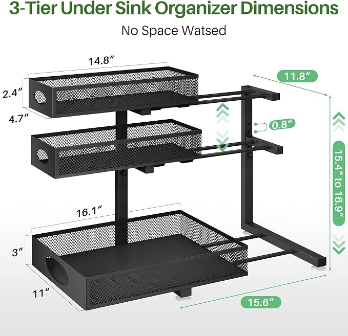 Kitstorack Under Sink Organizer 3-Tier Slide Out Drawer 2-Pack Black - Image 9