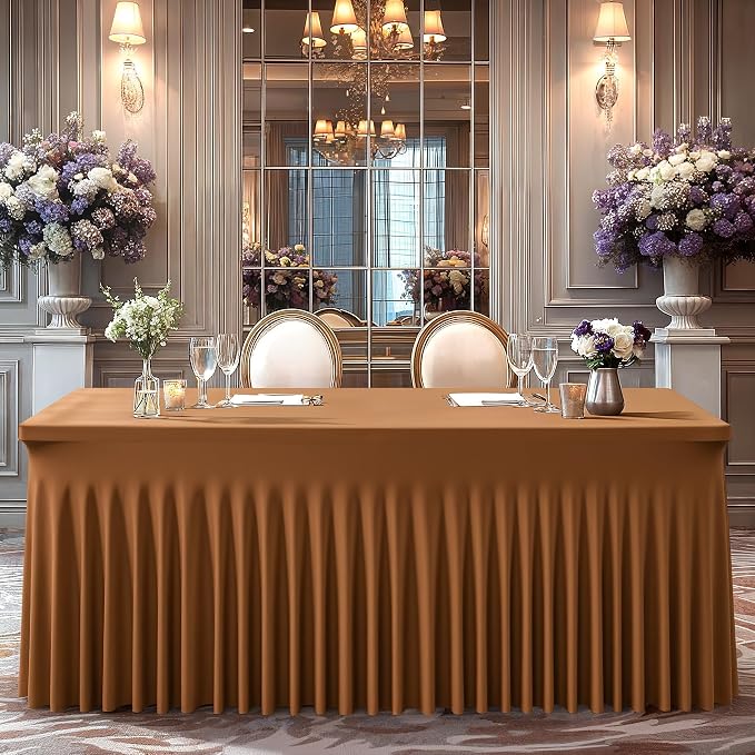 Wish Care 6 Pack Brown Spandex Table Clothes for 8 Foot Rectangle Tables, 8FT Wrinkle Free Fitted Tablecloths Ruffles Design Table Cover for Party, Banquet, Wedding and Events - Image 5
