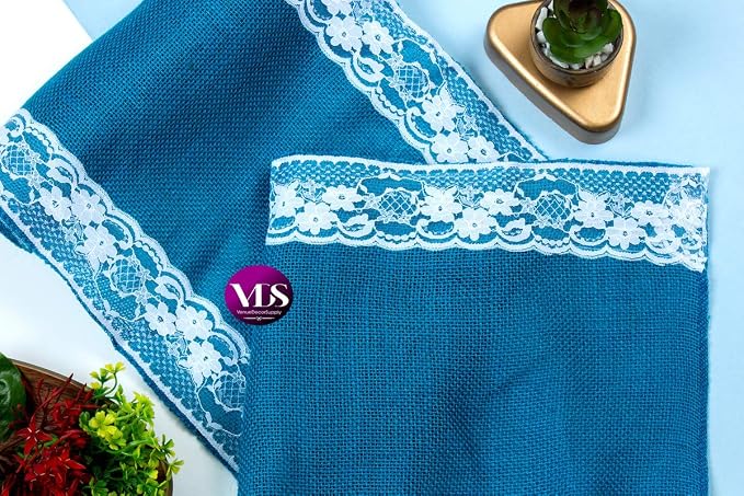 VDS Pack of 20, Burlap Table Runner with White Lace Edge, 100% Natural Jute Rustic Hessian Table Cloth Centerpiece for Wedding Birthday Party Banquet Table Decoration (Size 12X108 Inch)(Teal) - Image 6