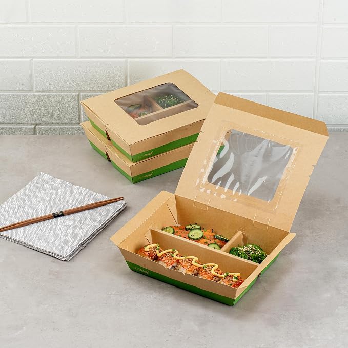 Restaurantware Paper Bento Box 100 Count 51 Ounces Paper Lunch Container Kraft Food Box, Greaseproof Disposable Three Compartment Meal Prep Box with Transparent PLA window - Image 3