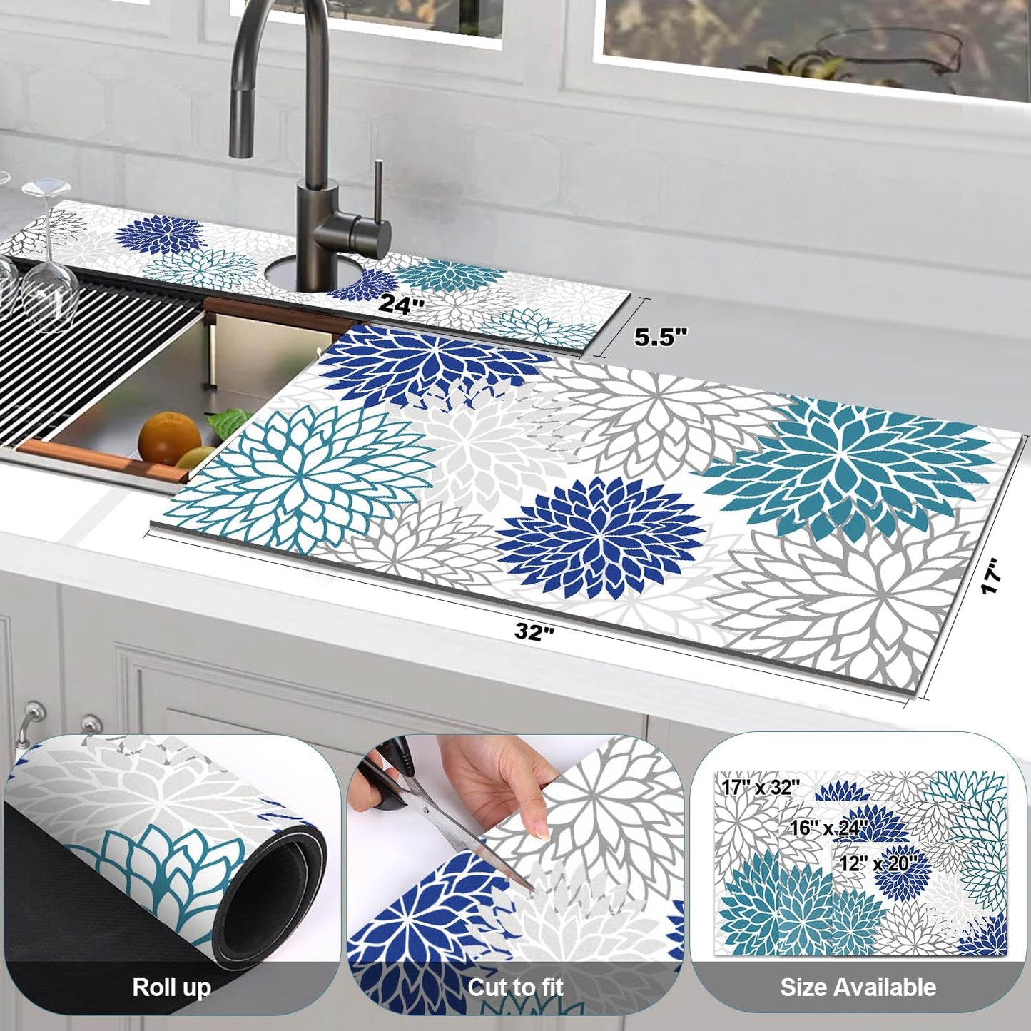 Findosom 2PCS 17" x 32" Dish Drying Mat & 24" x 5.5" Sink Splash Guard, Super Absorbent & Cuttable Dish Mat Drying Kitchen Mat with Blue Floral, Hide Stain Drying Mat for Kitchen Counter
