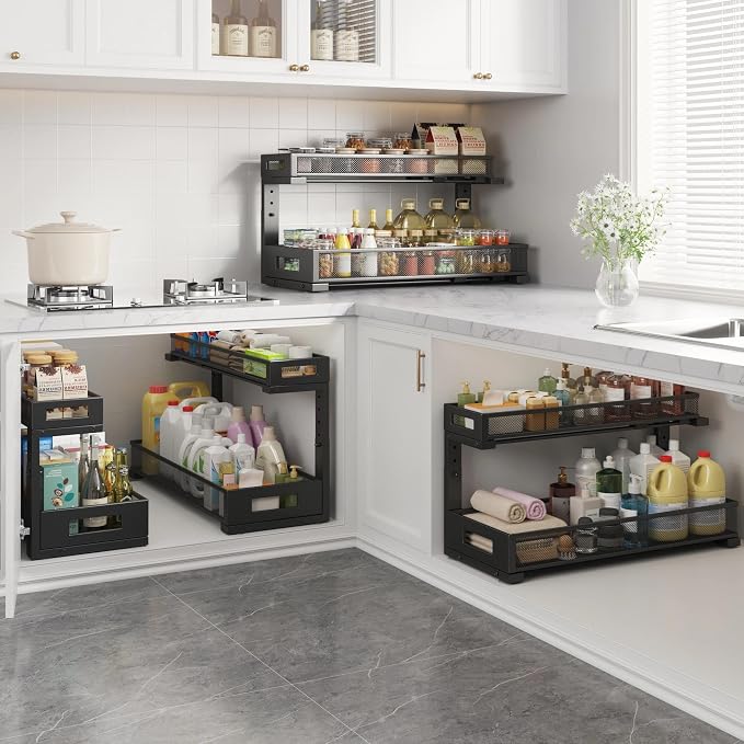 2 Pack 20.47IN Depth Under Sink Storage Organizer, Large 2-Tier Elegant Mesh Pull Out Shelf for Kitchen and Bathroom Cabinet Organization, L-Shaped and Adjustable Height Design-Black - Image 6