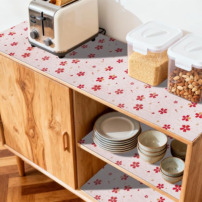 FIFTY FEET 18"x96" Non-Adhesive Shelf Liner for Kitchen Cabinets and Drawers, Washable Non-Slip PVC Cabinet Liner (Red Floral)(5 Roll) - Image 3