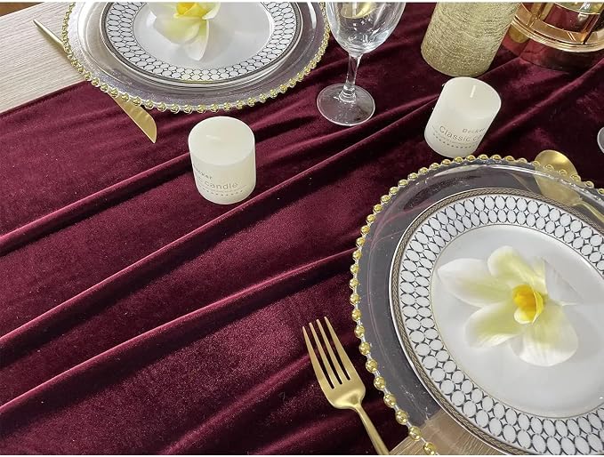 Luxurious Velvet Table Runner, 10ft Wedding Reception Decorations, 20x120inch Soft Velvet Fabric, Table Linen Overlay, Wedding Table Runners (Burgundy, 20X120inch, 2pack) - Image 6