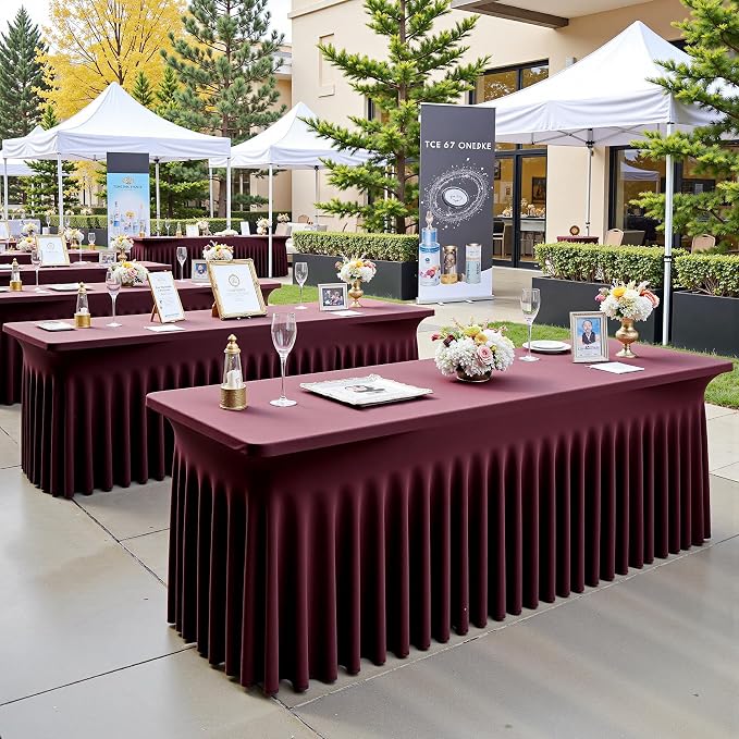 2 pk Burgundy Spandex Tablecloth 6ft with Ruffled Tables,Wrinkle Free High-Stretch Fitted Table Cloths for 6 Foot Rectangle Tables,Elastic Maroon Spandex Table Covers 6 ft for Weddings Banquet Dinning - Image 7