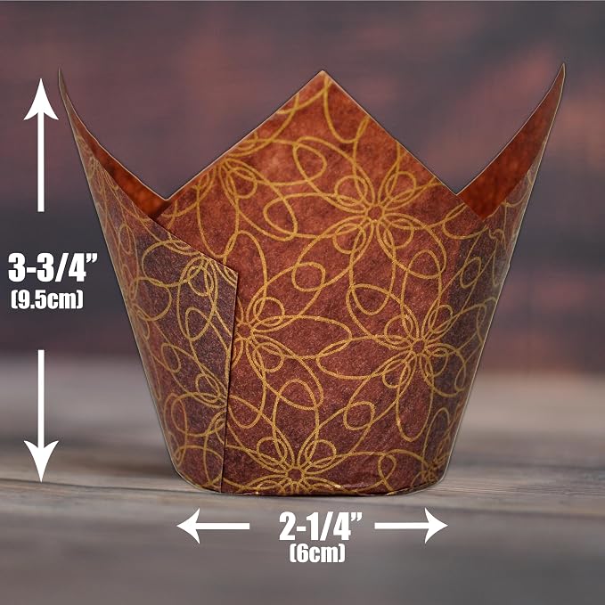 (JUMBO Large size) Brown Golden pattern Tulip Baking Cups 2-1/4"(Base diameter) x 3-3/4"(Wall height) Greaseproof paper Muffin liners, Case of 130 pcs - Image 2