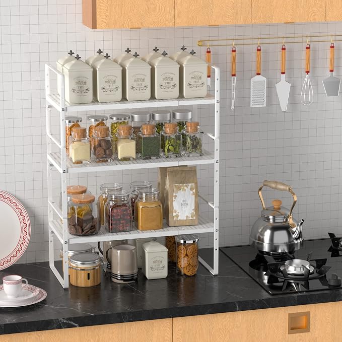 Redrubbit Expandable Cabinet Storage Shelf, Adjustable Height Steel Metal Kitchen Counter Organizers Shelves Spice Rack for Kitchen Pantry Bathroom Cupboard Desk Home Office, White-3 Pack - Image 3