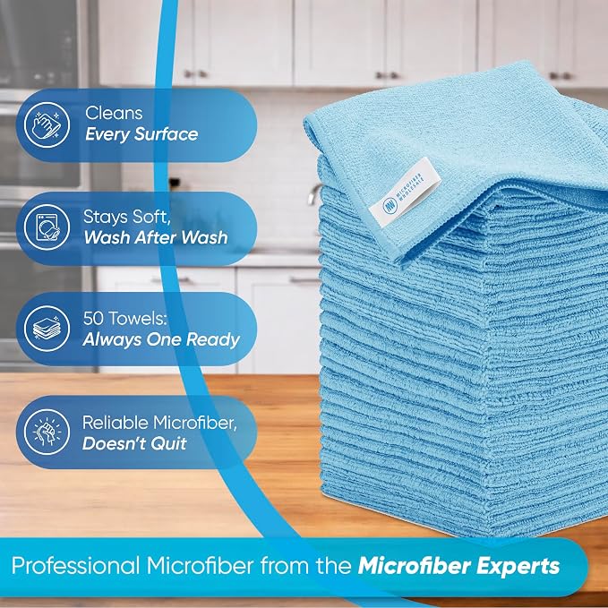 Microfiber Wholesale Bulk 16" x 16" All Purpose Towels Case Quantity (200 Count) | Large | No Fraying | High Density Microfiber | Zero Chemical Cleaner | Long-Lasting (Blue) - Image 2