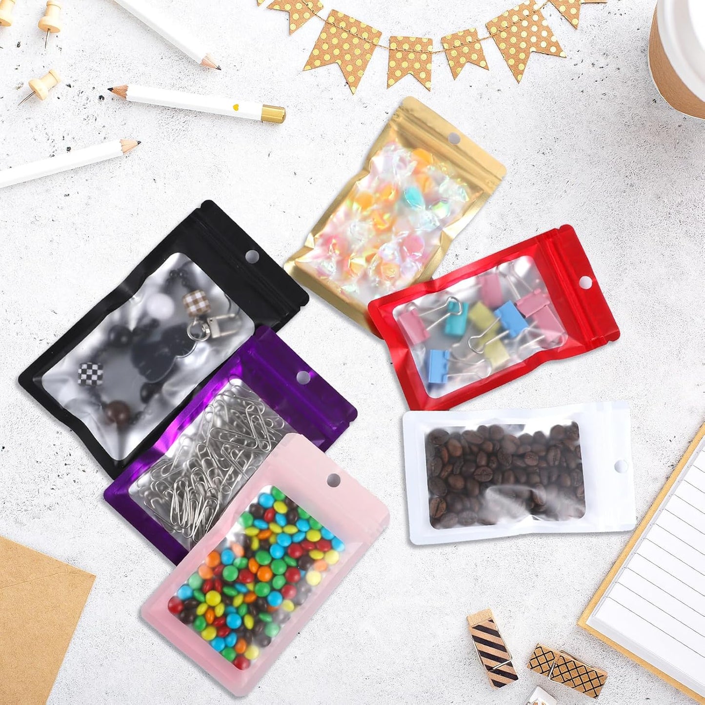 200 Pack Resealable Mylar Holographic Bags Food Storage Smell Proof Bags with Front Window Foil Packaging Pouch for Candy Sample Jewelry Small Business 4.13×5.91 Inch, Red Fade Yellow