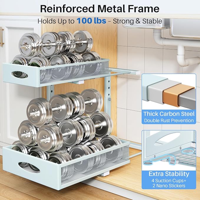Under Sink Organizer, 2 Tier Pull Out Under Cabinet Organizer Shelf with Pad for Framed Cabinets, Metal Slide Out Under Sink Storage, Mesh Sliding Drawers for Kitchen Bathroom Laundry(Blue, 1 Pack) - Image 6