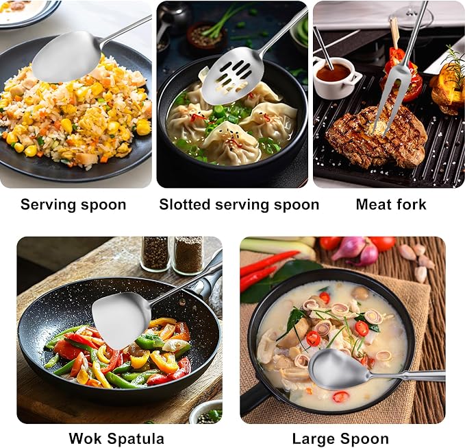 304 Stainless Steel Cooking Utensils Set, 9 PCS Metal Stainless Steel Kitchen Utensils Set, Serving Spoon, Spaghetti Spoon, Skimmer, Meat Fork etc (Dishwasher Safe) - Image 4