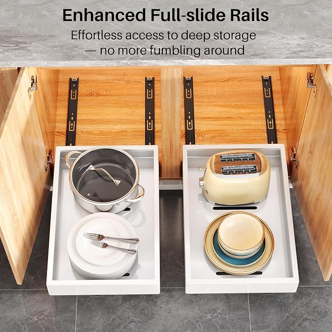 Pull out Cabinet Organizer, 21"Deep, 11.8"Wide Full-Extension Heavy Duty Slide out Drawers with Nano Adhesive, Roll Out Shelves Sliding Cabinet for Kitchen, Bathroom, Pantry,Under Sink Storage(White) - Image 4