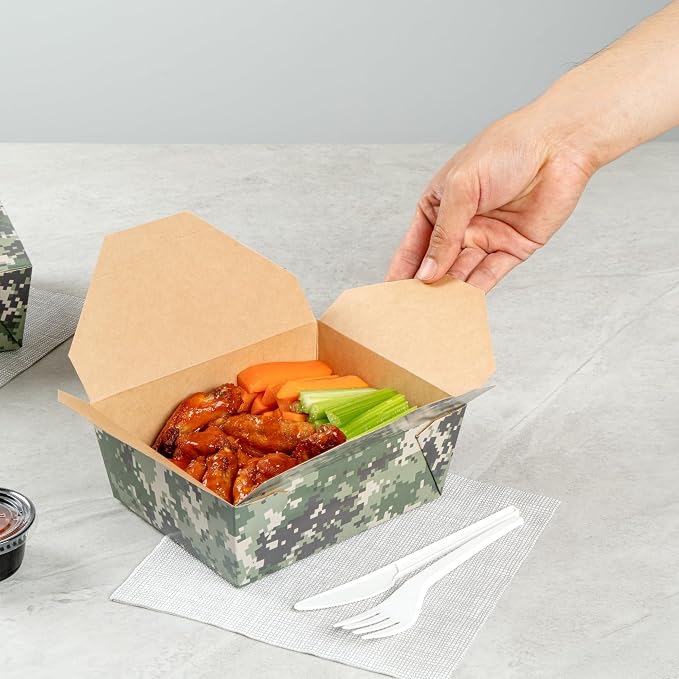 Restaurantware-Bio Tek 6.7 x 5.5 x 2.6 Inch Food Containers, 200 Durable Takeaway Boxes - Disposable, Sturdy, Camouflage Paper 45 Ounce Takeout Boxes, Rectangle, For Takeout And Delivery, Or Picnics - Image 5