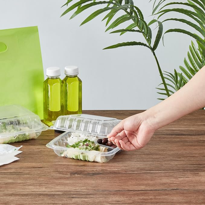 Restaurantware-Chef 101 30 Ounce Hinged Clamshell Containers, 100 Disposable Take Out Boxes - 3 Compartments, Secure Lids, Clear Meal Prep Containers, Microwavable, For Pasta Or Salads - Image 5