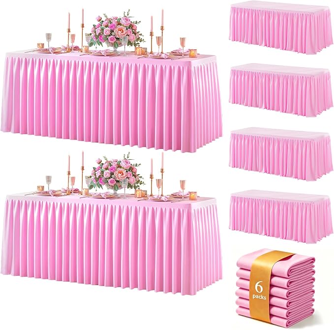 Pink Polyester Table Cloths for Rectangle 8 Foot Tables, 6 Pack Wrinkle Free Tablecloths Stretchy Banquet Ruffle Fitted Table Cover Desk Skirt for Parties Wedding Birthday Baby Shower by Unknown