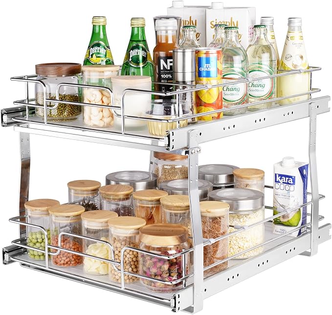 VEVOR 2 Tier 17"Wx21.2"Dx15.2"H Pull Out Cabinet Organizer, Heavy Duty Slide Out Pantry Shelves, Steel Roll Out Drawers, Sliding Drawer Storage for Home, 18.5"Wx22.5"Dx19"H Install Size for Cabinet by VEVOR