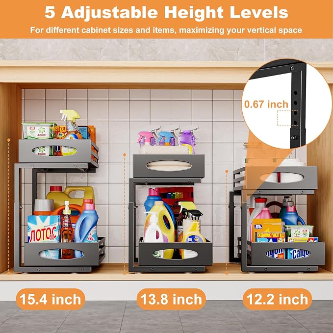 mixeshop Under Sink Organizer, 2 Tier Under Sink Organizers and Storage, Adjustable Height, Slide out Metal Cabinet Organizers, Pull out Cabinet Storage Drawer Shelf for Kitchen Bathroom (Black, 2) - Image 6