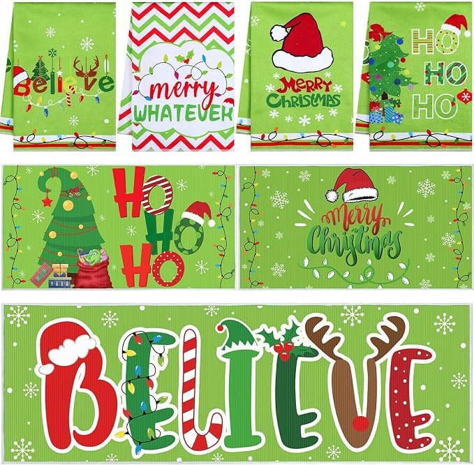 Breling 7 Pcs Lime Green Christmas Kitchen Rug and Towel Set Bathroom Decor Mat Absorbent Dish Hand Towel Xmas Kitchen Decoration Farmhouse Gift by Breling