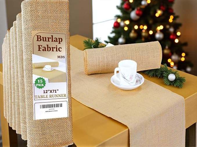 MDS® Pack of 15 Natural Burlap Table Runner, 12 x 72 Inch, Jute Vintage Rustic Farmhouse Boho Table Decor for Wedding Reception, Dining Table, Bridal Shower, Baby Shower & Holiday Party Decorations by MDS