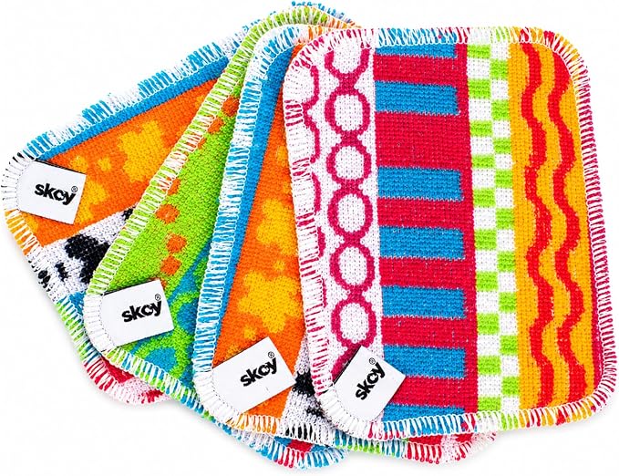 Skoy Scrub, 4-Pack Reusable, Non-Scratching Dish Scrubber for Kitchen and Household Cleaning, Planet-Friendly, Dishwasher Safe Soft Scrub, Assorted Colors and Designs by Skoy