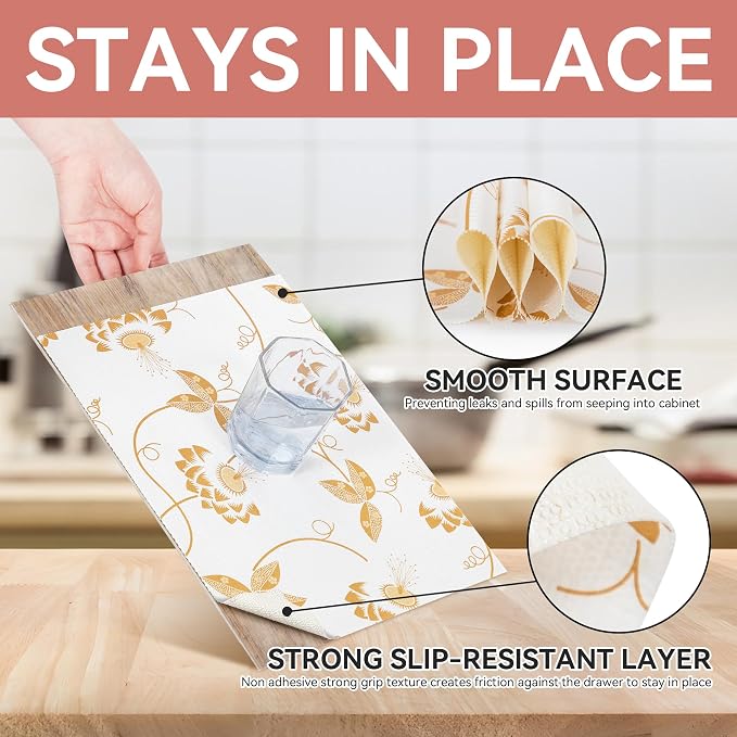 Shelf Liner 12In x 10FT Non Adhesive Cabinet Pantry Golden Leaves Non Slip - Image 3