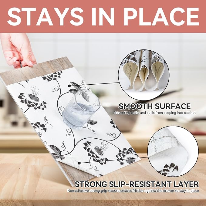 Shelf Liner 12In x 10FT Non Adhesive Pantry Liner Black White Floral Leaves - Image 4