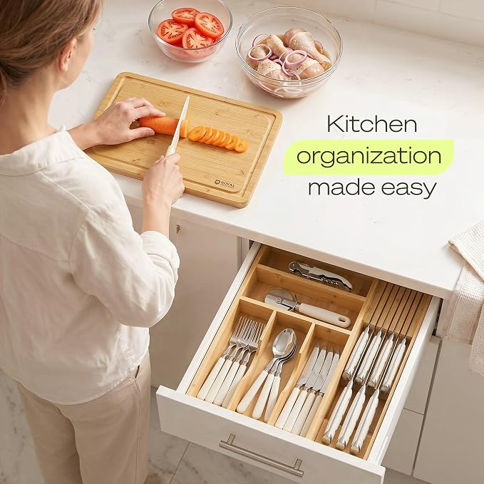 Drawer Organizer with Knife Block for Kitchen Organization, Bamboo Silverware Drawer Organizer, Compact Bamboo Cutlery Tray for Flatware and Utensils, Removable 7-Slot Knife Block for Kitchen Drawers - Image 9