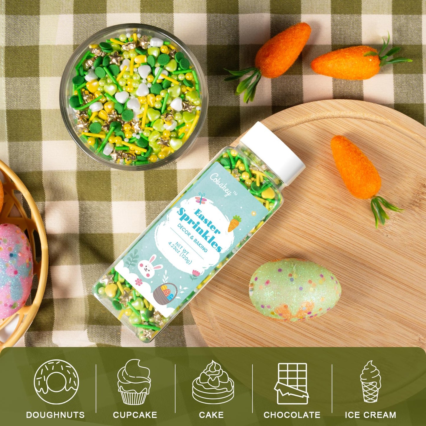 Cobakey Easter Sprinkles for Cookies 4.23 Ounce Spring Sprinkles for Baking Gold Star Edible Heart Perfect for Easter Cake Decorations, Baking, Ice Cream, Cookies, Cupcake Topper