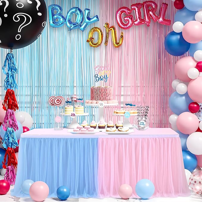 108in Blue Pink Tulle Table Skirts for Rectangle Tables 6/8/4ft, 2-Layer Gold Grim Ruffle Gender Reveal Tulle Tutu Cloth Table Skirt 9ft for Birthday Party Baby Shower Cake Dessert(No Table Cover) - Image 6