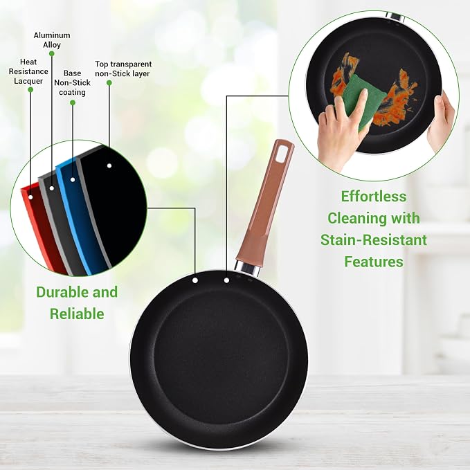 NutriChef 13 Pcs. Nonstick Kitchen Cookware PFOA/PFOS-Free Heat Resistant Kitchenware Set w/Saucepan, Frying Pans, Cooking Pots, Casserole, Lids, & Utensils, Brown, NCCWA13BR - Image 5