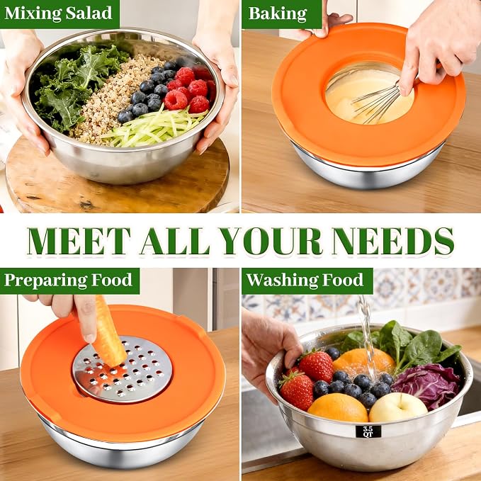8PCS Mixing Bowls with Lids Set - 5 Nesting Mixing Bowls, 3 Grater Attachments, Lids, Stainless Steel Mixing Bowls for Mixing & Serving, Size 1.5/2.1/3.5/4/4.5 QT, Colorful - Image 7