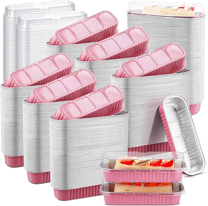 Qunclay 300 Pcs Mini Loaf Pans with Lids 6.8 oz Aluminum Foil Mini Cake Pans with Lids Rectangle Loaf Baking Cups Disposable Cake Containers for Muffin Ramekins Large Gatherings Parties(Pink) by Qunclay