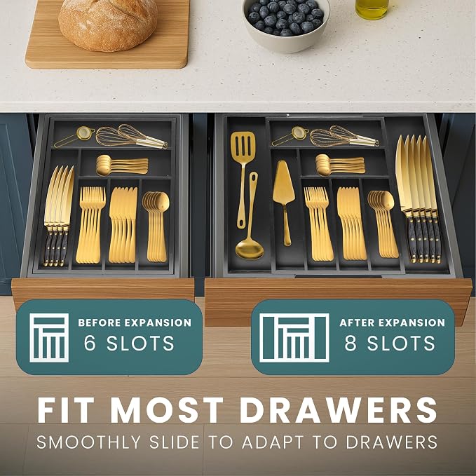 Sben Bamboo Cutlery Drawer Organizer, Black, Medium - Image 8