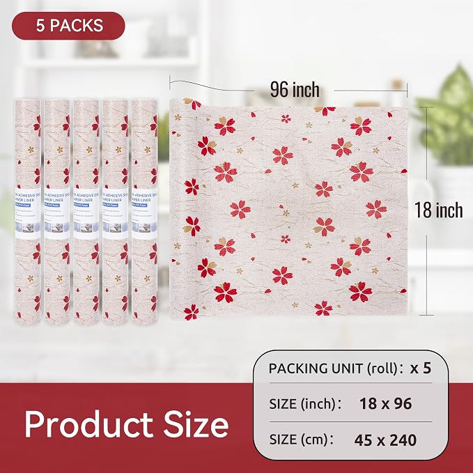 FIFTY FEET 18"x96" Non-Adhesive Shelf Liner for Kitchen Cabinets and Drawers, Washable Non-Slip PVC Cabinet Liner (Red Floral)(5 Roll) - Image 5