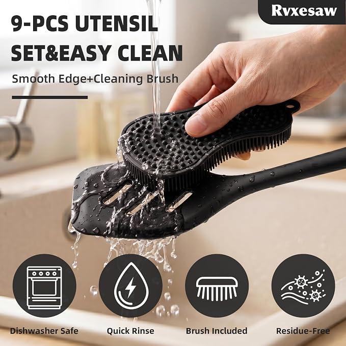 Kitchen Utensils Set,9 PCS Silicone Cooking Utensils Set Spatula Set,Non Toxic Cooking Utensils,Tongs,Spoon,Whisk,Brush,BPA Free Kitchen Gadgets for Non-Stick Cookware,Home Essential(Black-9P) - Image 7