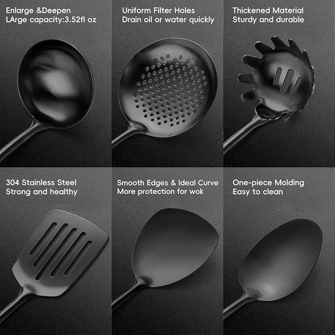 Izurok 18/10 Stainless Steel Kitchen Utensils Set,10 Piece Cooking Utensils With Wood Handle,Heat Resistant Kitchen Tool Set With Spatula,Spoon,Ladle,Skimmer,Slotted Turners,Pasta,Turner,Ladl,Fork - Image 3