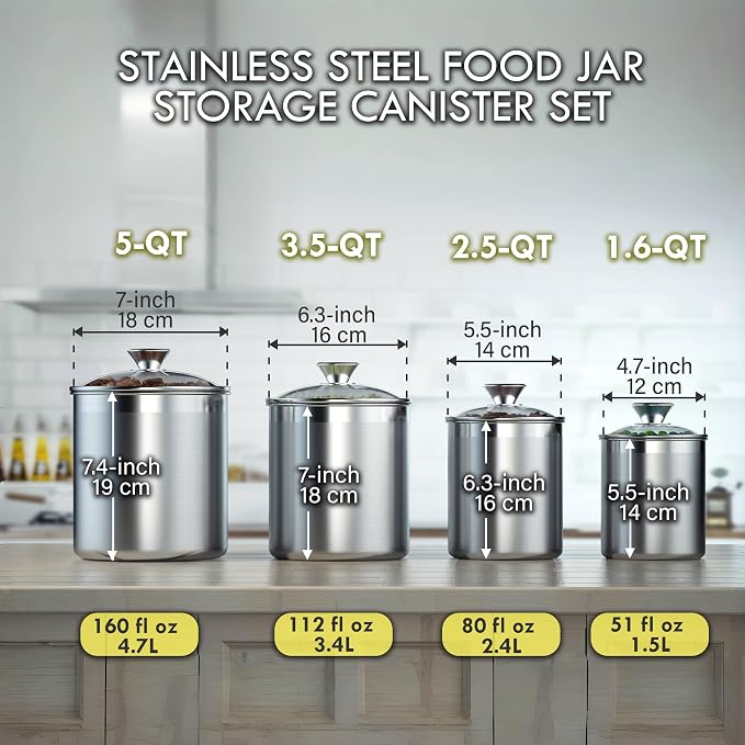Cooks Standard Large Airtight Kitchen Canister Set for Coffee, Flour & Sugar Storage – 18/10 Stainless Steel Food Storage Containers with Glass Lid – Pantry Organization Jars, 4 Pack (5 Qt to 1.6 Qt) - Image 4