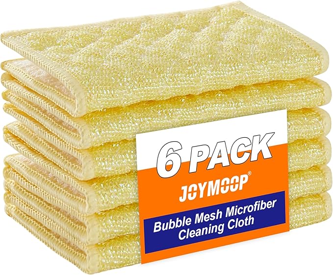 JOYMOOP Bubble Mesh Microfiber Cleaning Cloth, Reusable Non-Scratch Cleaning Rags, Dual-Sided Dish Cloths, Multipurpose Dish Rags for Dishwashing, Kitchen, Stainless Steel-6 Packs, Yellow by JOYMOOP