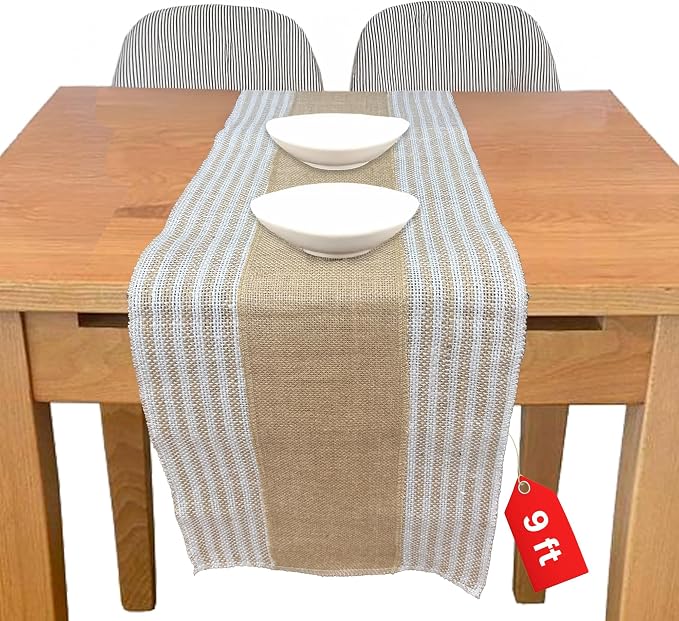 Decorative Table Runner (Pack of 6) – 12”x 108” – Natural on Stripe Rustic Farmhouse Table Runner with Finished Edge – Burlap Runner for Home Decor, Weddings and Christmas by Fibeusion