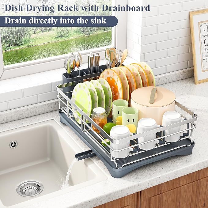 SAYZH Dish Drying Rack for Kitchen Counter with Utensil Holder, Silver - Image 4