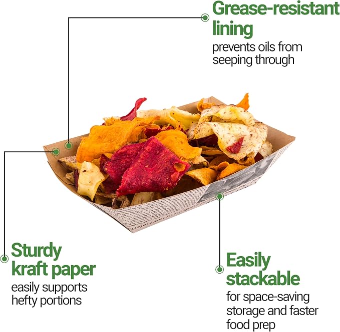 Restaurantware-Bio Tek 1/2 Pound Food Trays, 400 Disposable Paper Food Trays - Heavy-Duty, Greaseproof, Newsprint Paper Food Boats, for Snacks, Appetizers, Or Treats, Use At Parties Or Carnivals - Image 8