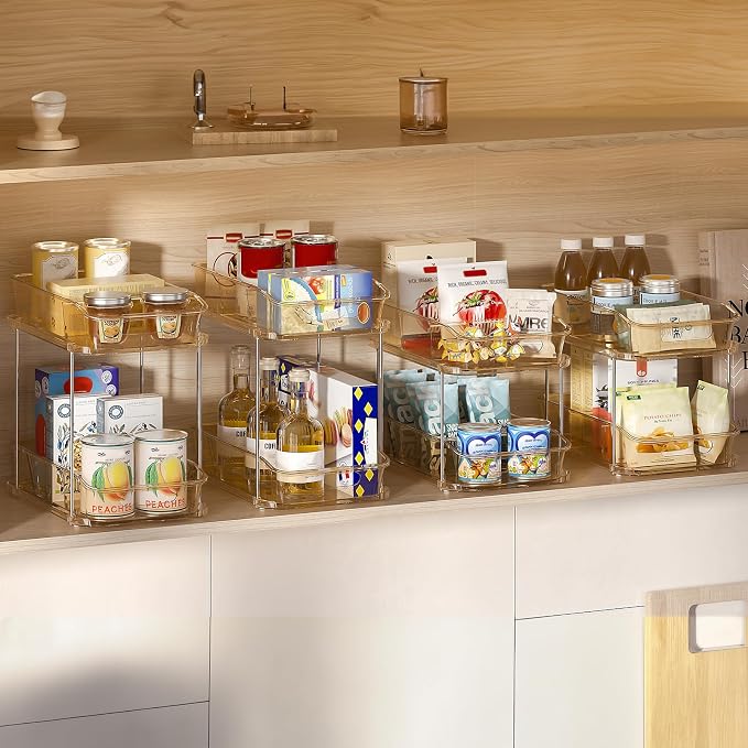 Delamu 2-Tier Under Sink Organizers and Storage, Multi-Purpose Stackable Bathroom Cabinet organizers, Pull Out Kitchen Pantry Organization and Storage with Dividers(2 Pack, Amber) - Image 3